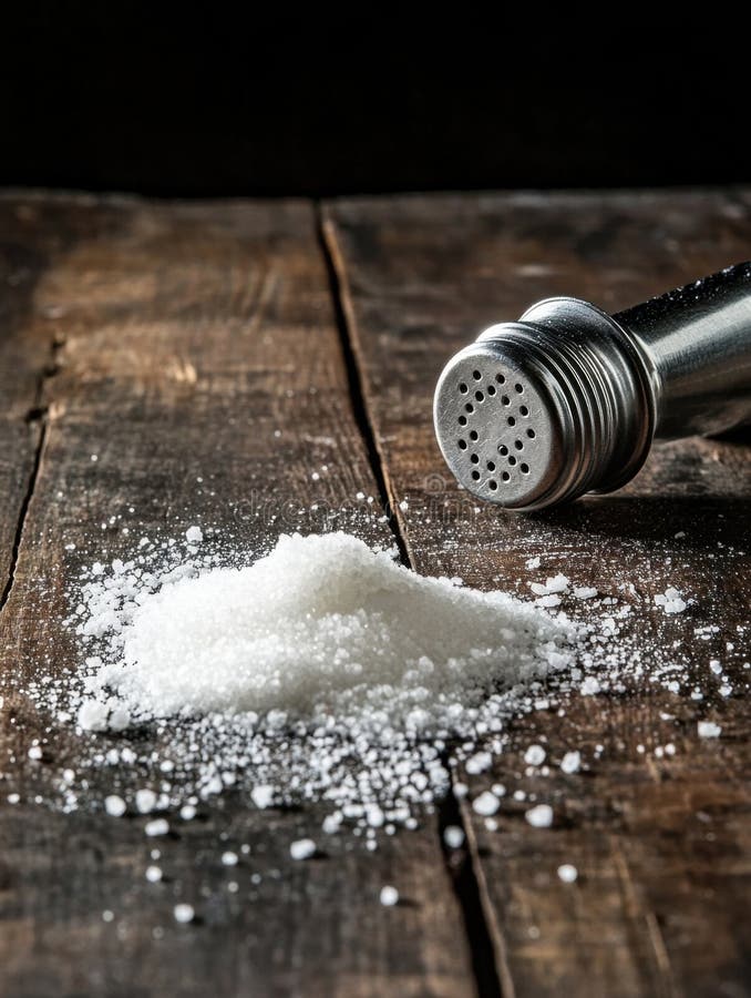 Metal salt shaker with salt spilled on a rustic wooden table vector illustration