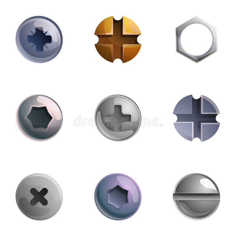 Metal screw head icon set, cartoon style