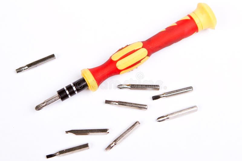 Set of Metal Screwdriver Tools and Nozzles for a Repair and