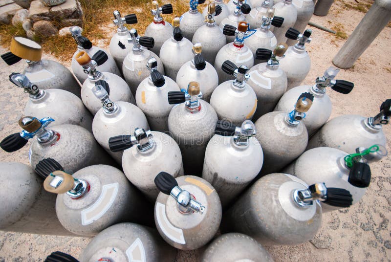 Metal scuba diving oxygen tanks stock images Metal scuba diving oxygen tanks stock images