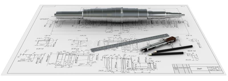 Metal shaft, compasses, rulers and pencils at an e