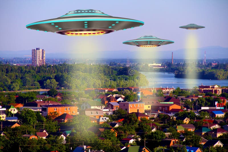 A metal and silver UFO invasion of planet Earth, a group of spaceships fly in the sky above the city and emit yellow rays to the