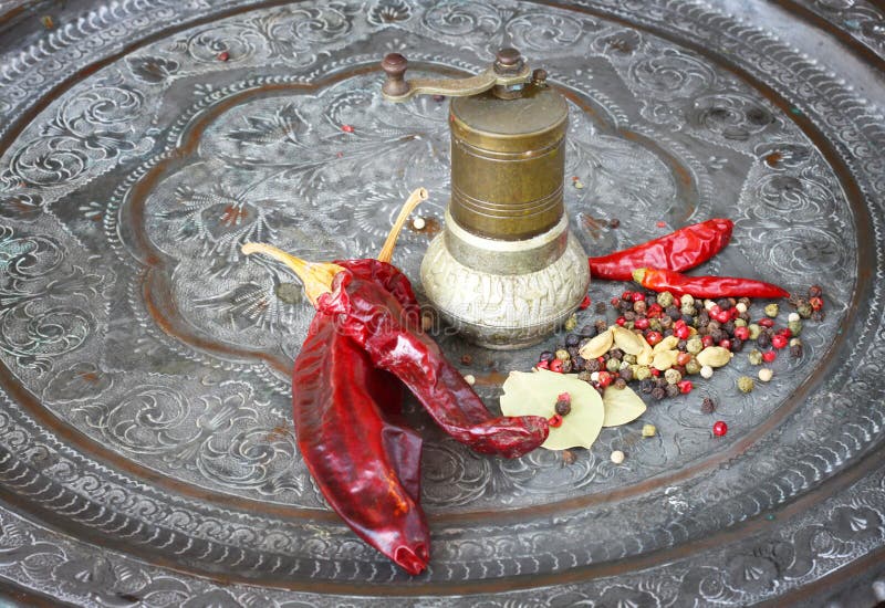Metal Spice Grinder with Red Hot Peppers and Bay Leaf Stock Image
