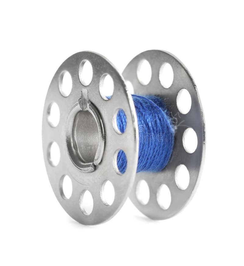 Metal Spool of Blue Sewing Thread Isolated on White Stock Photo Image