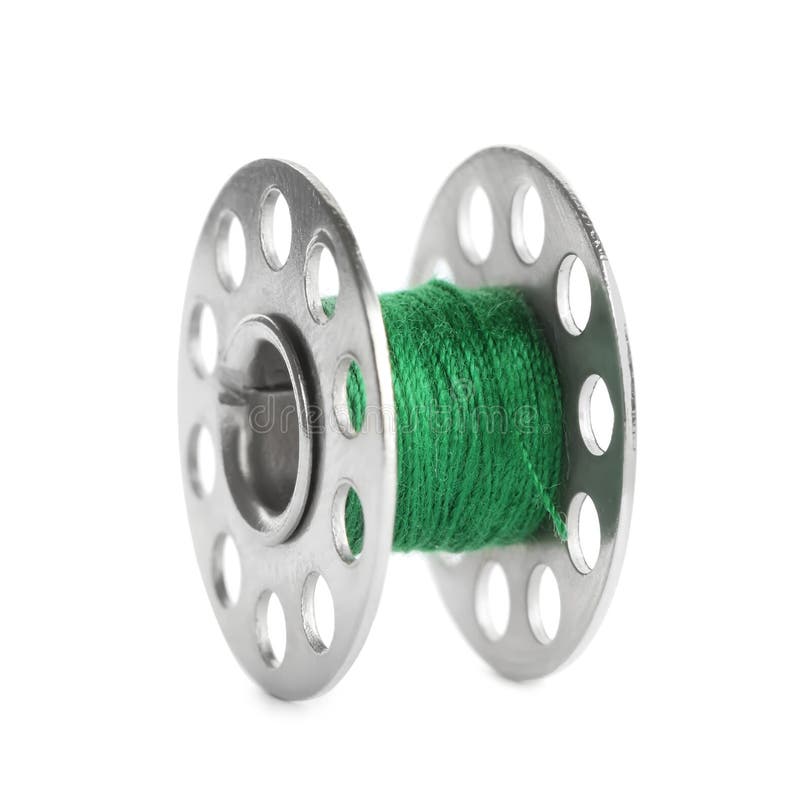 Metal Spool of Green Sewing Thread Isolated on White Stock Image