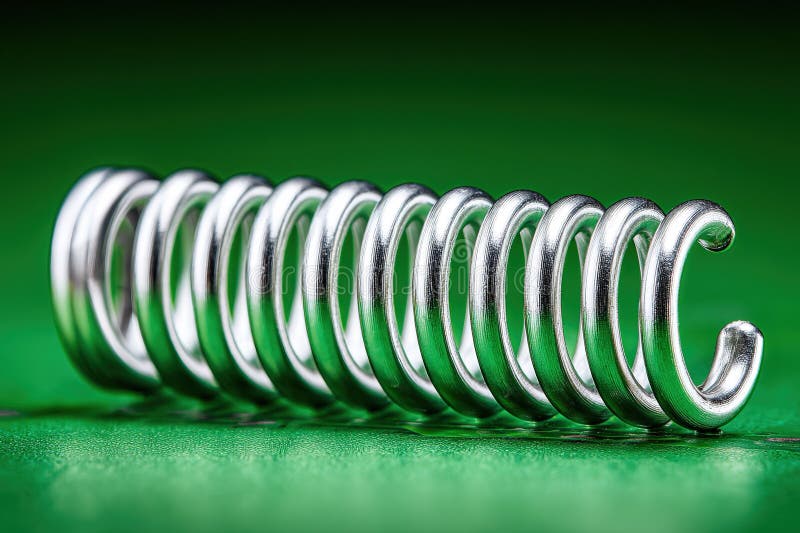 Metal spring coiled neatly on a vibrant green background showcasing its design and texture stock image