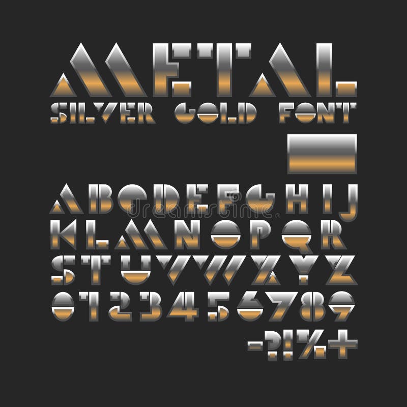 Metal srebna złocista chrzcielnica Matrycuje abecadło Błyszczący geometryczni listy i liczby royalty ilustracja Metal srebna złocista chrzcielnica Matrycuje abecadło Błyszczący geometryczni listy i liczby royalty ilustracja