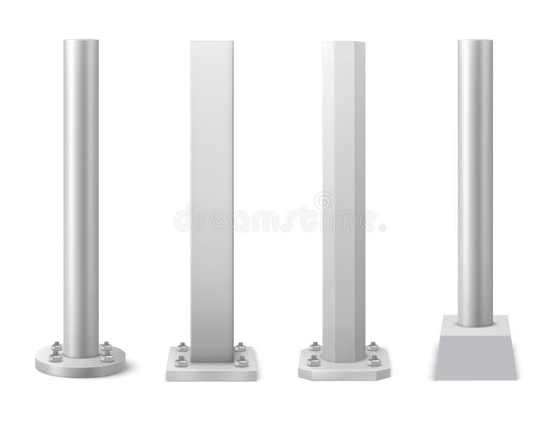 Metal steel poles and pillars realistic vector set