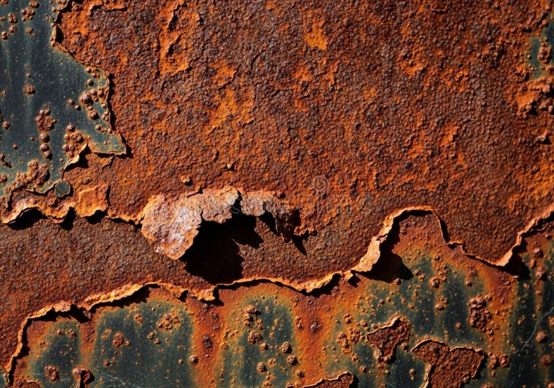 Corroded metal surface displaying oxidized rust in various shades of brown and orange. The texture is rough and uneven, with peeling layers exposing a mix of colors beneath. The rust has created a mottled pattern, indicating long-term exposure to moisture and the elements. The image highlights the natural process of corrosion and its impact on metal over time. Rust shades illustrations