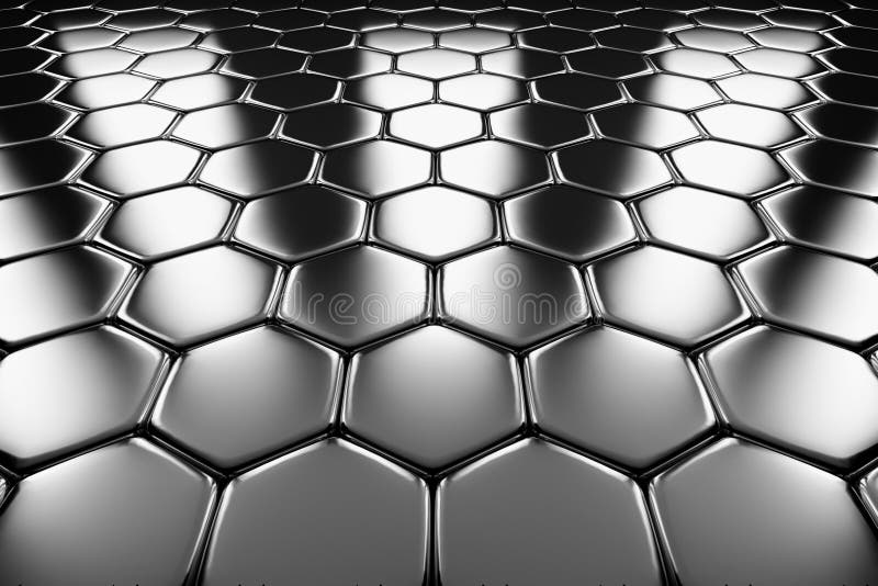 Metal surface of steel hexagons perspective view