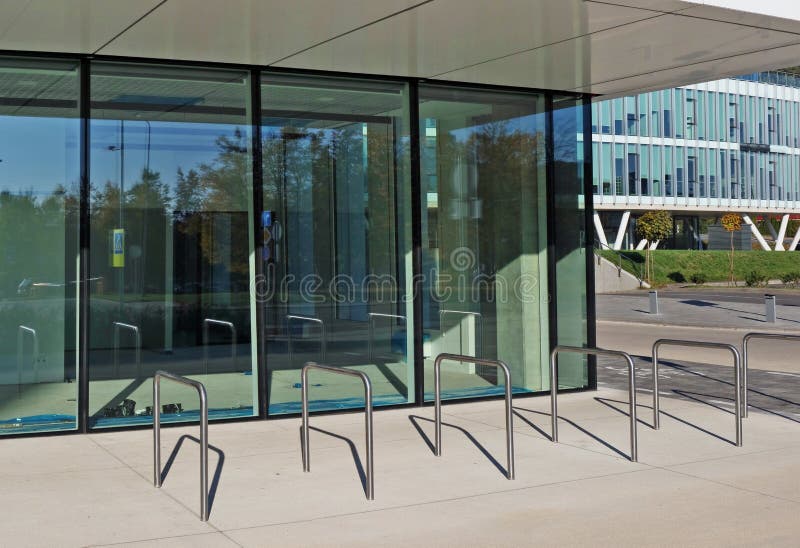 Metal terminals for bicycle parking near a closed new modern no stock images Metal terminals for bicycle parking near a closed new modern no stock images