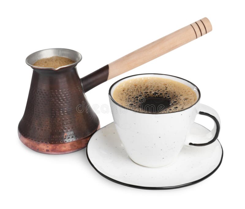 Metal Turkish Coffee Pot and Cup of Hot Drink on White Background Stock
