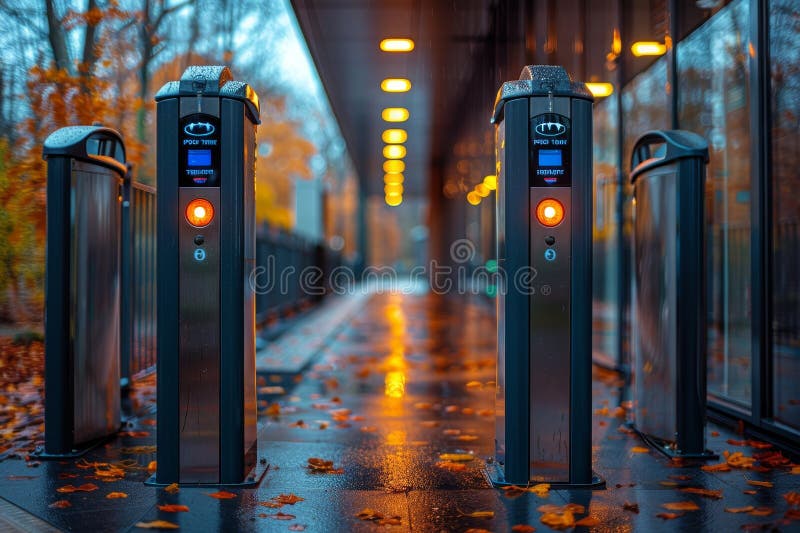 Metal turnstile for building access control with rear entrance via automatic checkpoint stock image