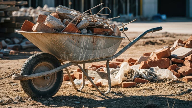 Metal wheelbarrow filled with red bricks and concrete chunks at construction site on sunny day. Load structural stock images, royalty-free photos and pictures