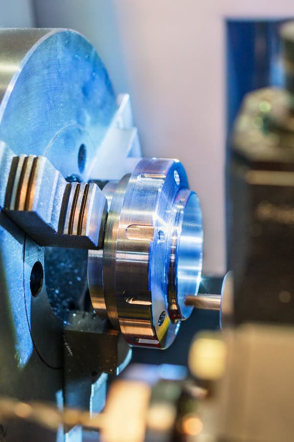 Metal Workpiece Clamped in the Lathe Chuck CNC Machine Stock Image