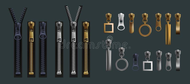 Metal zippers. Clothing fastener. Bag zip accessories. Metalled golden and plastic tooth for leather hardware. Pocket