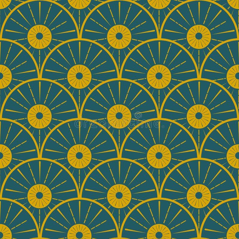 Art Deco Metallic Gold Abstract Sun Rays Seamless Pattern on Teal