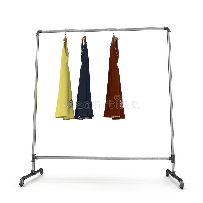 Metall Clothing Display Rack With Dresses On White. 3D Illustration Stock Photo Image of