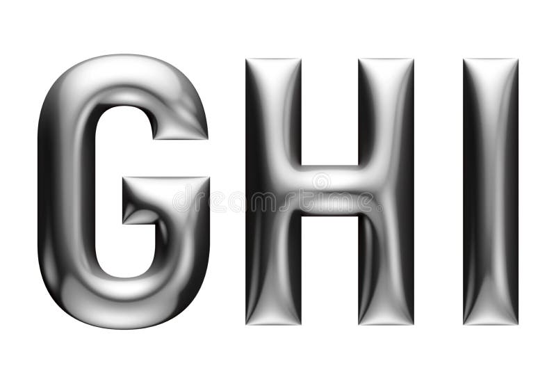 Metallic alphabet with linear font, G H I letters, chrome effect with bevel, white background vector illustration Metallic alphabet with linear font, G H I letters, chrome effect with bevel, white background vector illustration