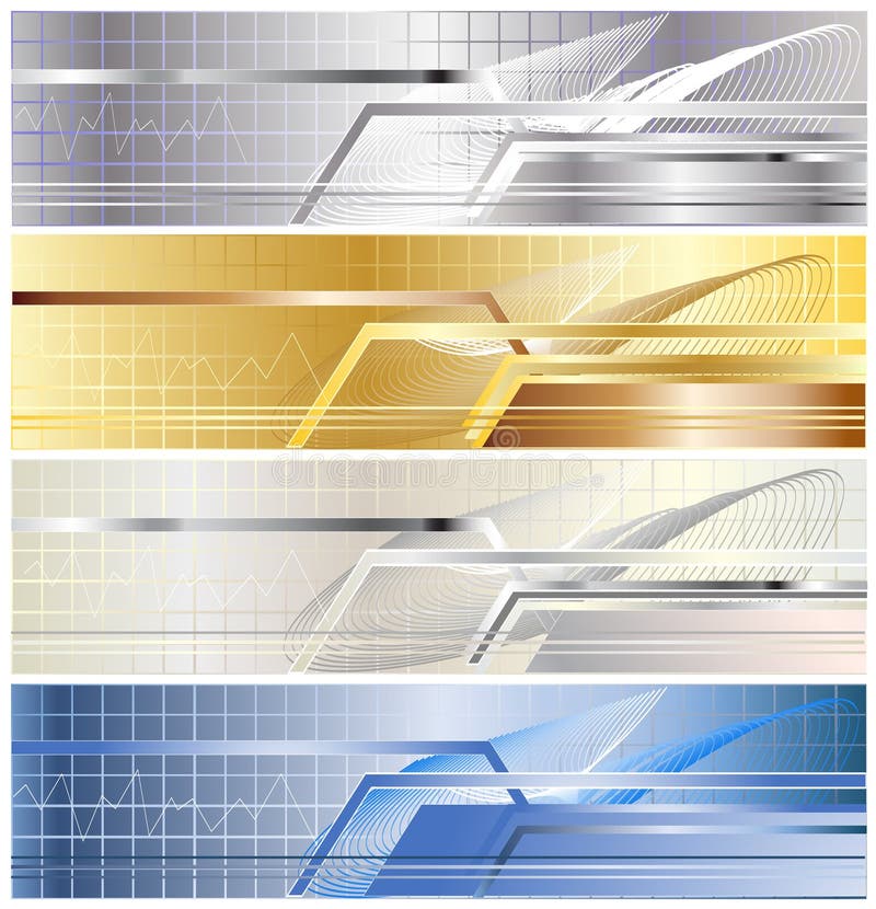 Four variants metallic banner from gold, silvers, dark blue steel with a bar, lines and abstract elements