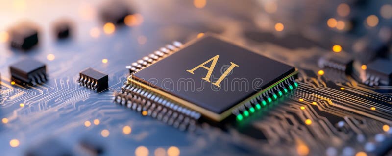 Metallic chip with ai logo glowing on a circuit board, symbolizing the power and potential of artificial intelligence royalty free stock photo