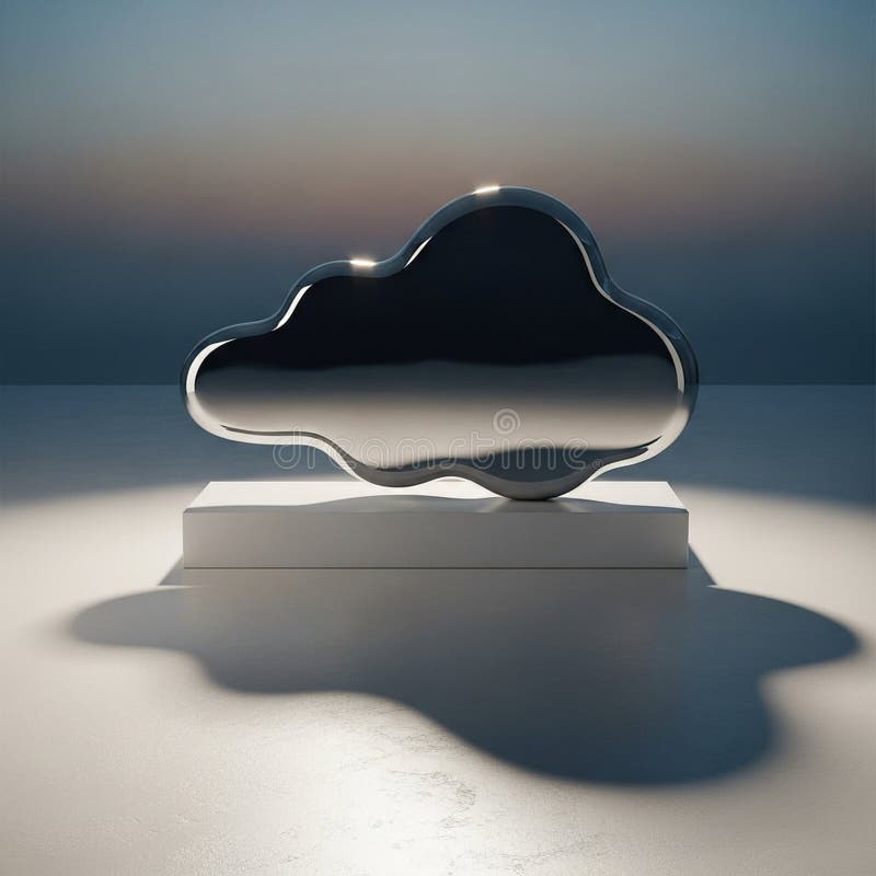 A metallic cloud shaped sculpture rests on a white rectangular royalty free illustration