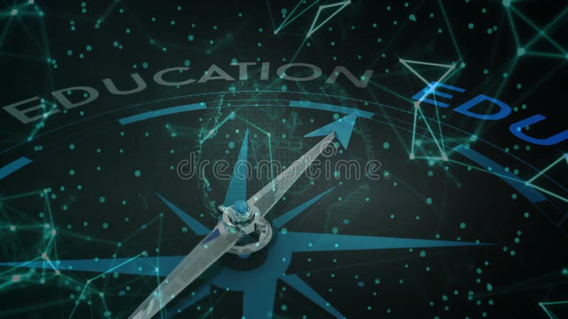 Metallic compass needle pointing upward in abstract tech scene, with globe overlay and data nodes stock video footage