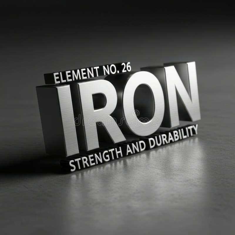 Metallic 3d render of the word iron element number twenty six symbolizing strength and durability in a dark environment royalty free illustration