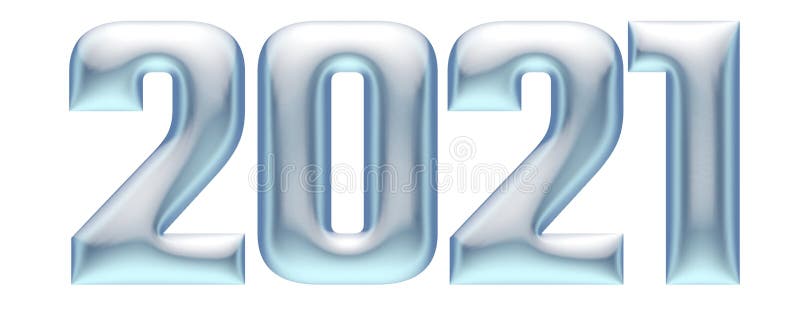 Metallic embossed numbers, alphabet, new year 2021, 3d illustration. Metallic alphabet with embossed and reflective effect, new year 2021, 3d illustration with white background, useful for advertising, decoration and graphic design
