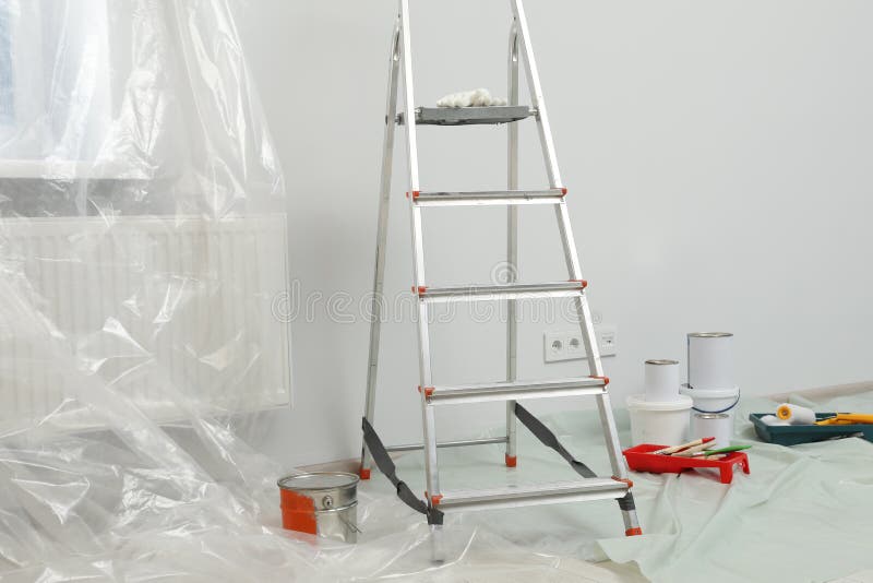 Metallic Folding Ladder and Painting Tools Indoors Stock Photo Image