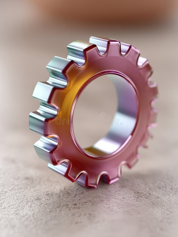 Metallic gear with colorful reflections on textured surface. royalty free stock images