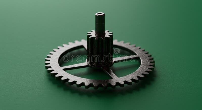 A metallic gear placed on a green surface. The gear features a circular shape with royalty free stock image