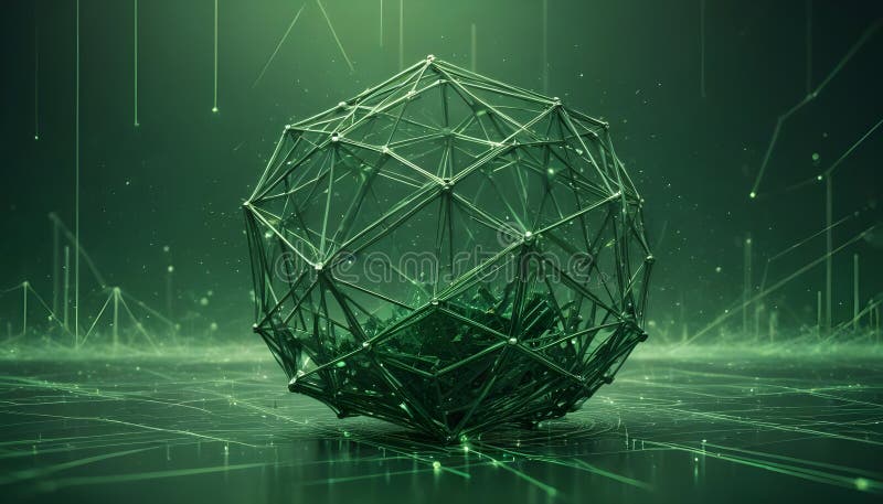 A metallic, geometric sphere with a glowing green network of lines, creating a futuristic and abstract design. stock illustration