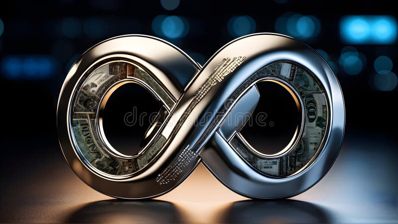 Metallic infinity symbol with embedded currency, in neon lights background, represents wealth continuity royalty free stock images