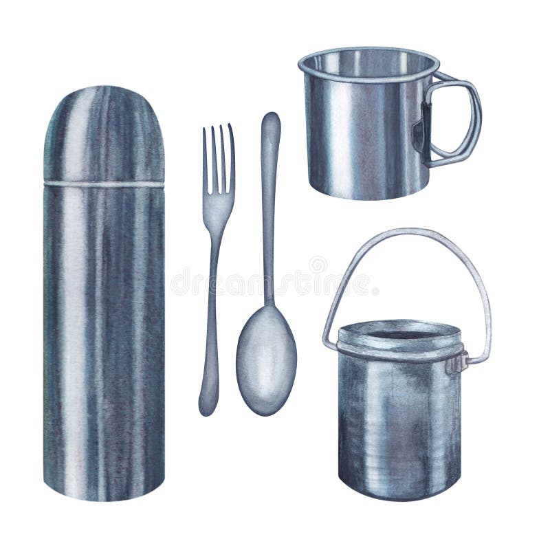 https://thumbs.dreamstime.com/b/metallic-mug-bucket-spoon-fork-thermos-steel-cup-cauldron-travel-camping-kitchenware-watercolor-set-illustration-279285073.jpg