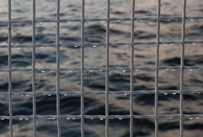 Metallic net with drops against sea background.