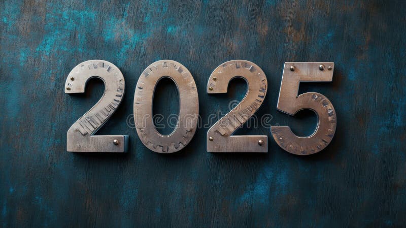 2025 in metallic numbers on a textured blue background, AI royalty free stock photos