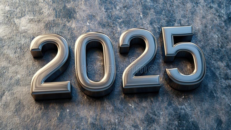 2025 in metallic numbers on a textured stone surface, AI stock images