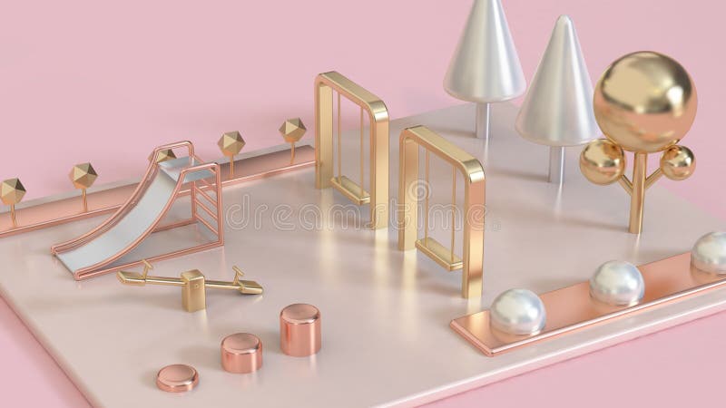 metallic pink,rose gold,gold white pearl 3d abstract playground with trees 3d render