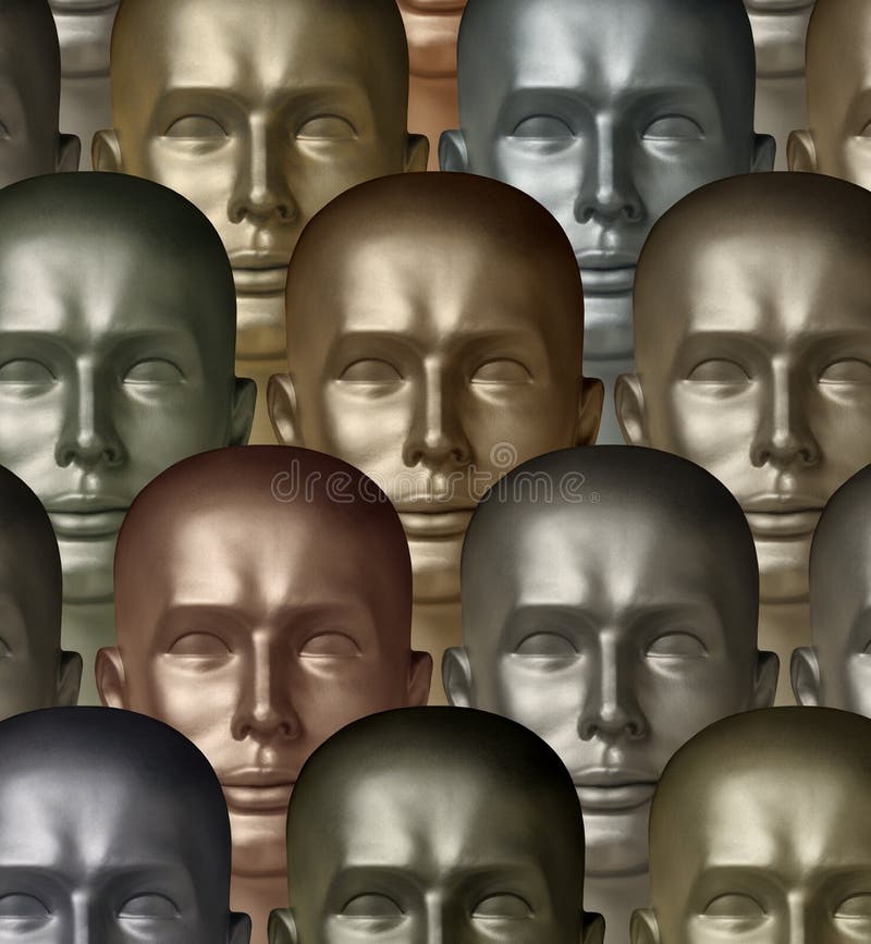 Metallic robot android heads of different metals symbolizing div stock illustration