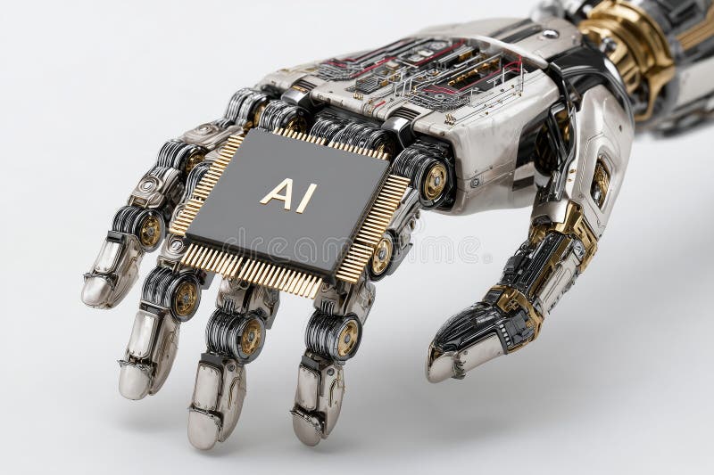 Metallic robot hand grasping a glowing chip symbolizing artificial intelligence stock photography
