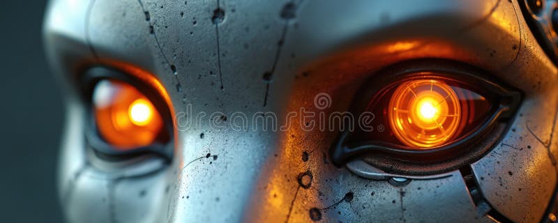 Metallic robot head with glowing orange eyes. Sci-fi cyborg with futuristic vision implants. Artificial intelligence concept. stock illustration