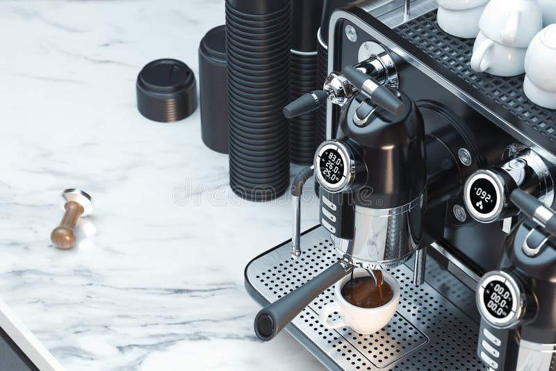 Metallic silver coffee machine in process of making fresh coffee. 3d rendering. royalty free stock images