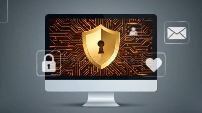 Metallic Silver Computer Monitor Displaying Golden Shield Emblem Symbolizing Digital Security in The Intricate Circuit Like stock illustration