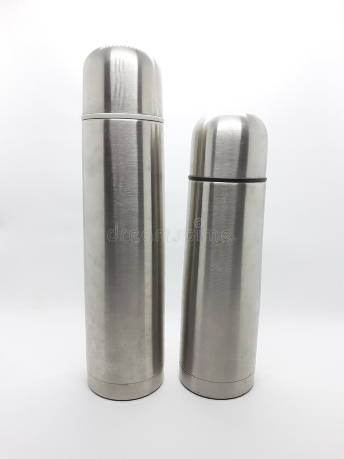Metallic Silver Water Container Cold and Hot Thermos for Drinking Purpose in White Isolated