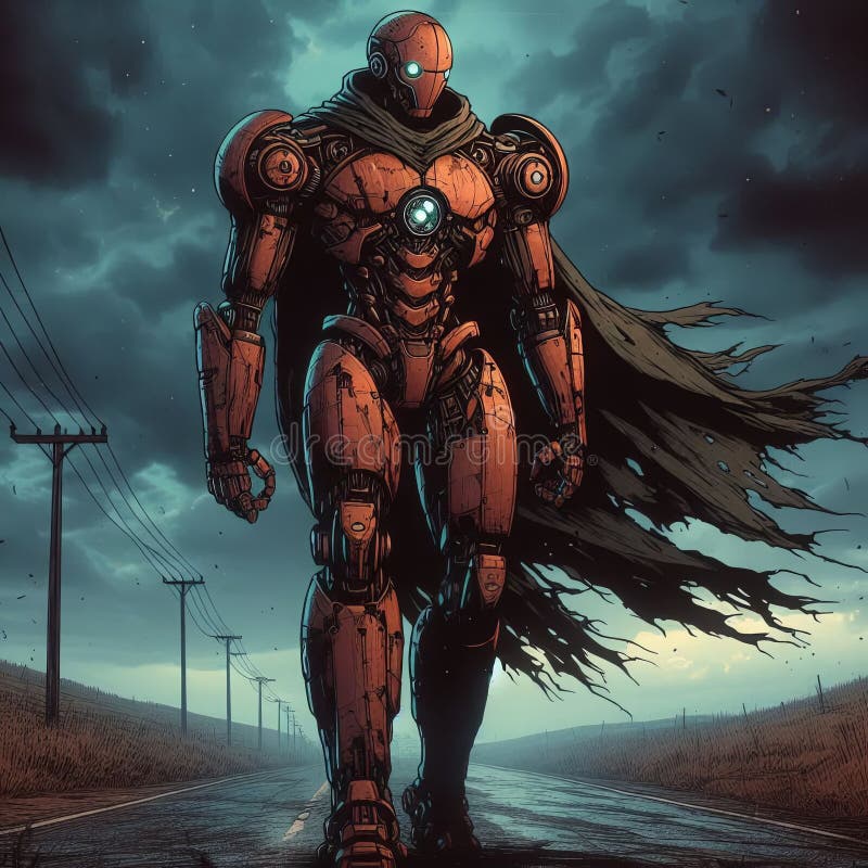 Metallic Wanderer Under Stormy Skies stock illustration