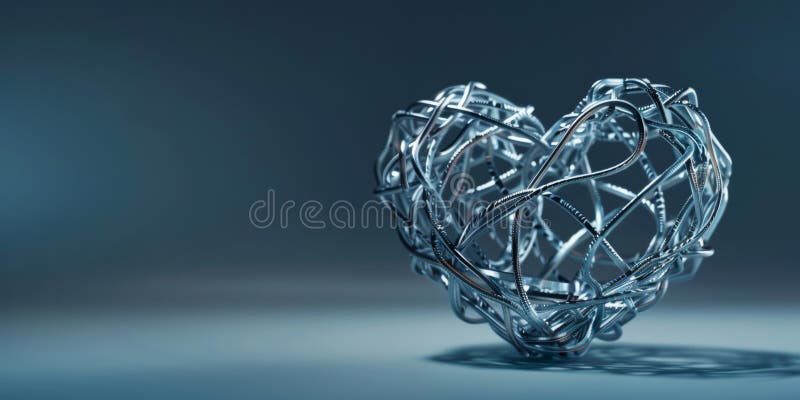 Metallische Herzskulptur mit verflochtenen Wires auf dunklem abstraktem Hintergrund für moderne Kunstdarstellung lizenzfreies stockbild