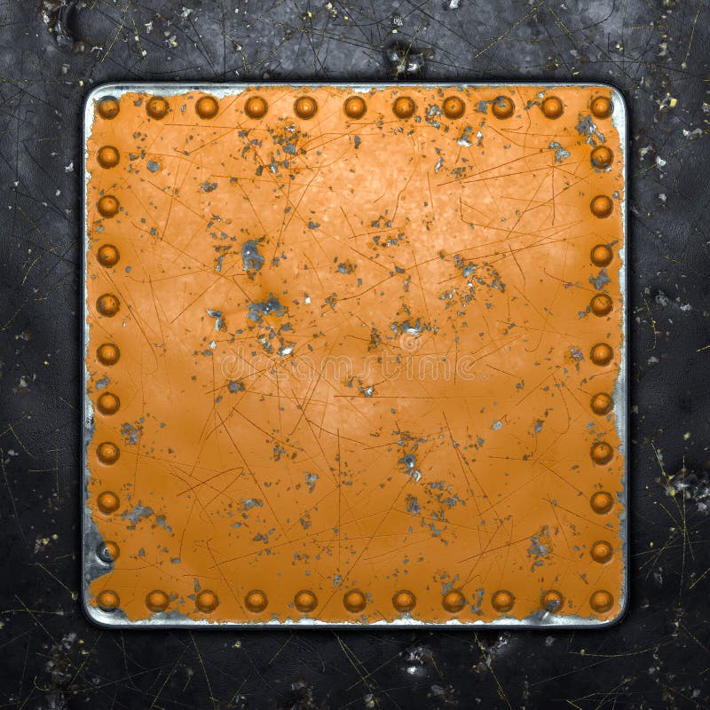 Metallo di ruggine con rivetti a forma di quadrato al centro su fondo nero 3d