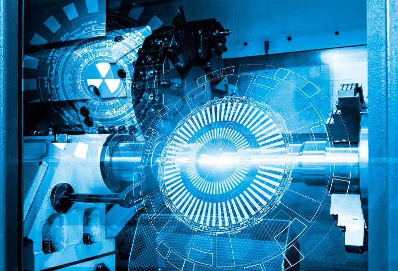 Metalworking CNC milling machine with ligt and blue tone. Cuttin stock photo