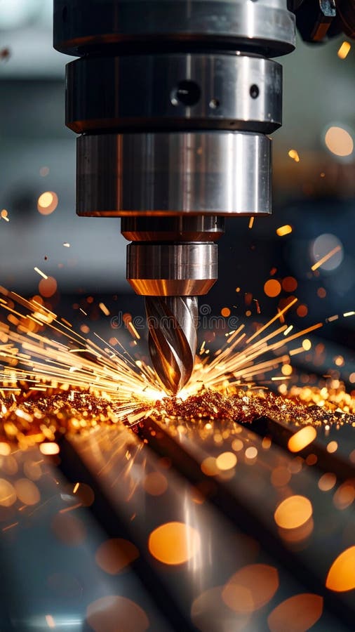 Metalworking machine drilling into metal with sparks flying close up view stock photo